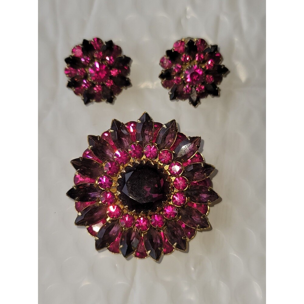VTG Judy Lee Fuschia Purple Pink Brooch Earring Set Signed/Excellent Condition